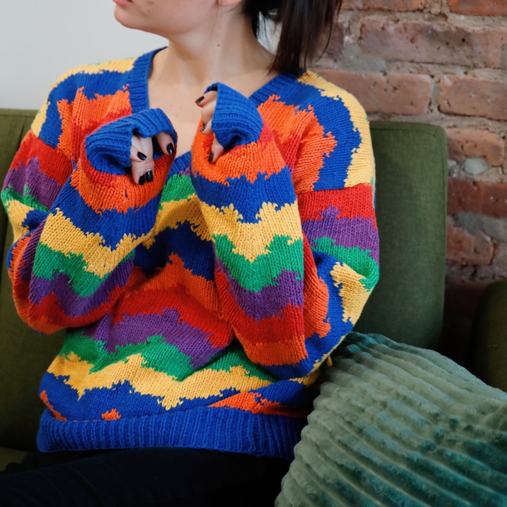 VINTAGE Hand-Knit Oversized Rainbow Sweater